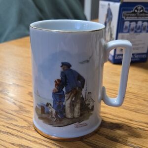 Norman Rockwell White Mug with Blue Coastal Scene and Gold Trim